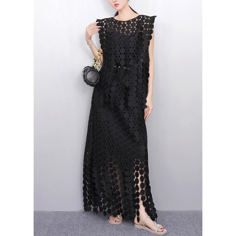 Beautiful Black Dot Lace Top And Maxi Skirts Two Pieces Set Sleeveless