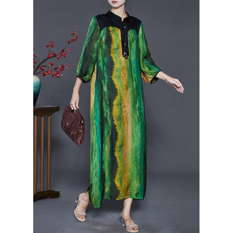 Beautiful Green Mandarin Collar Tie Dye Silk Vacation Dresses Bracelet Sleeve