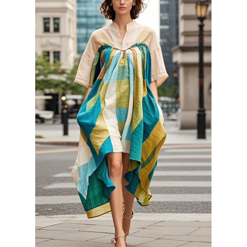 Beautiful Khaki Asymmetrical Print Cotton Robe Dresses Summer