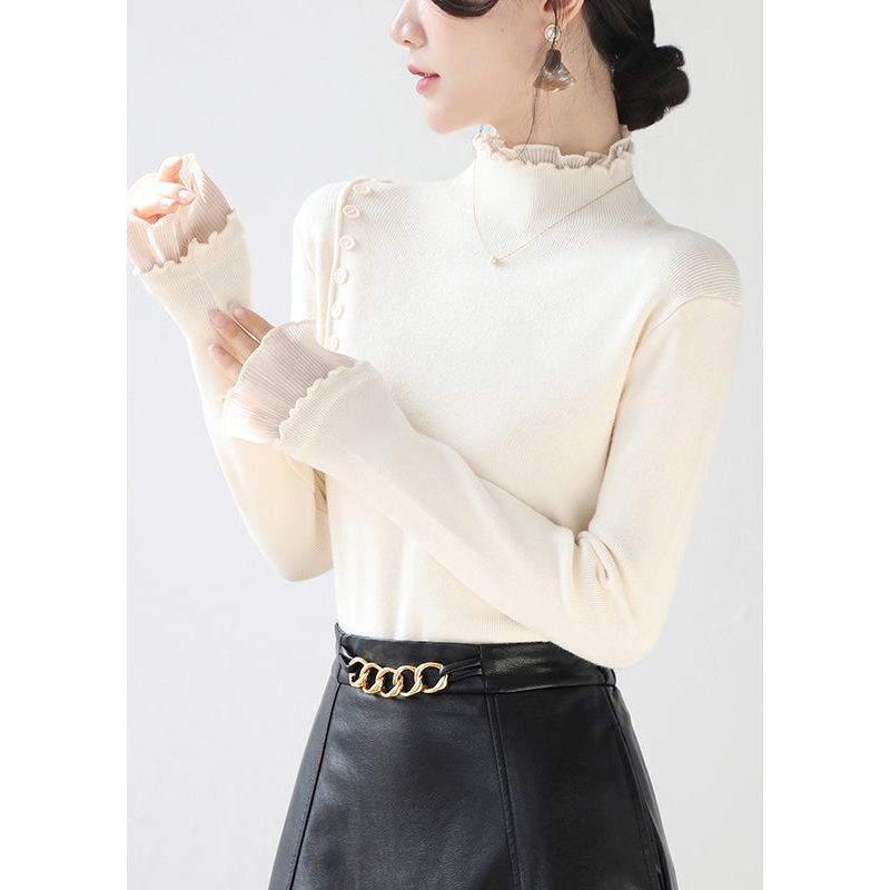 Beige Patchwork Knit Pullover Ruffled Button High Neck Winter