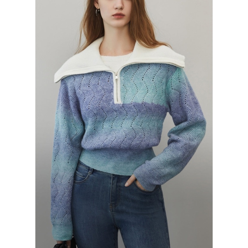 Blue Gradient Color Hollow Out Wool Knit Sweater Zip Up Spring
