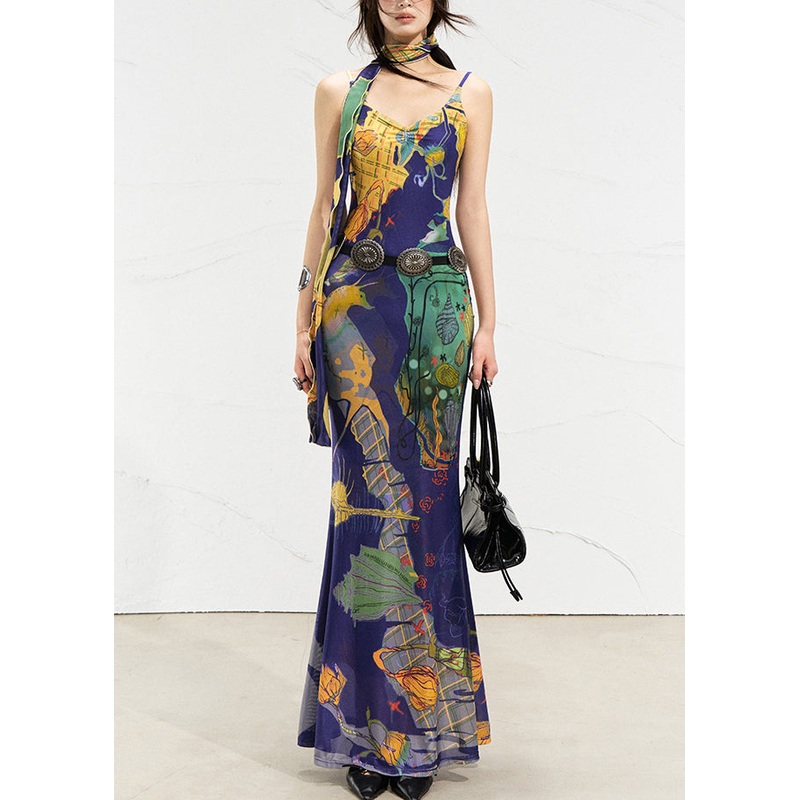 Blue Print Maxi Spaghetti Strap Dresses Summer