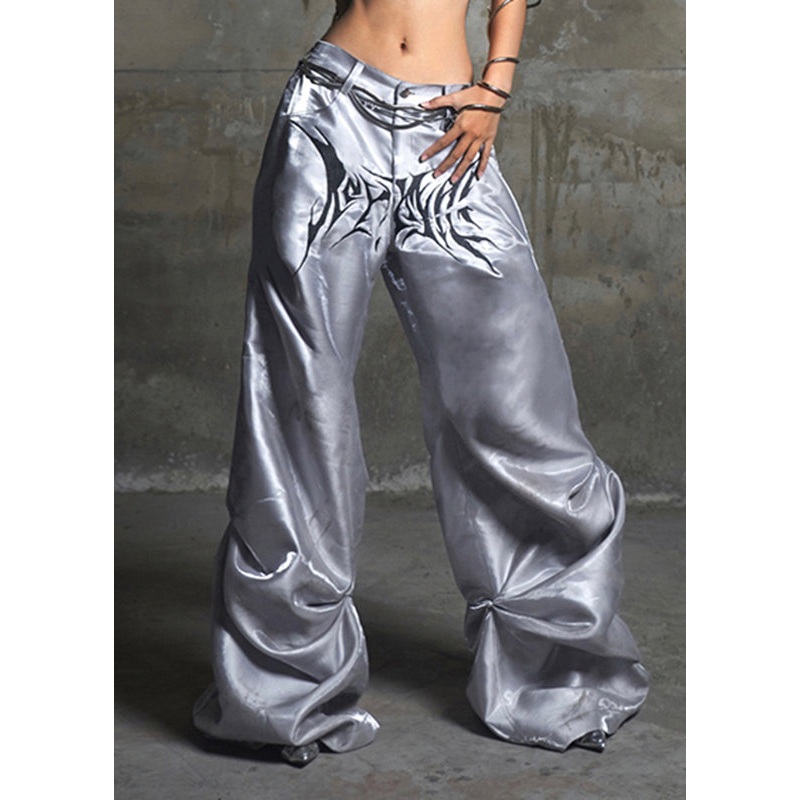 Bohemian Grey Print Wrinkled Draping Silk Pants Spring