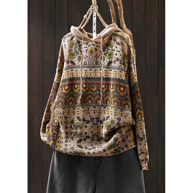Boho Khaki Hooded Print Cotton Knit Sweater Tops Spring