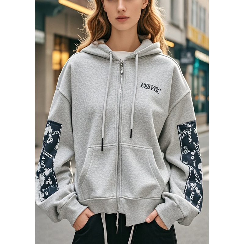 Boutique Grey Hooded Print Cotton Jackets Fall
