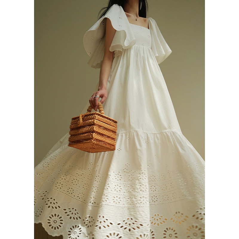 Brief White Square Collar Floral Hollow Out Maxi Dresses Summer