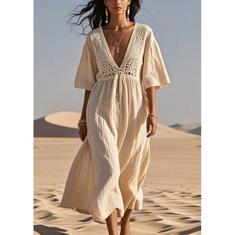 Casual Apricot Hollow Out Cotton A Line Dress Summer