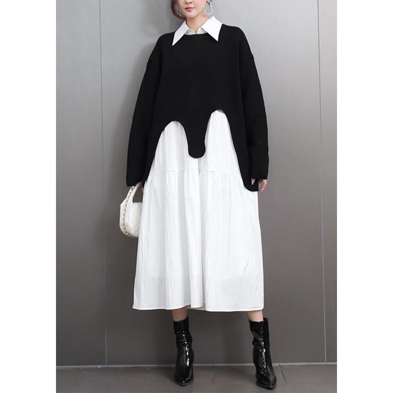 Casual Black O-Neck Asymmetrical Cotton Knitted Sweaters Fall