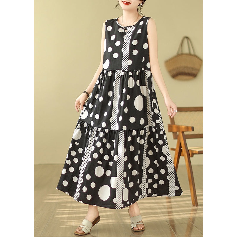 Casual Black Print Exra Large Hem Cotton Long Dress Sleeveless