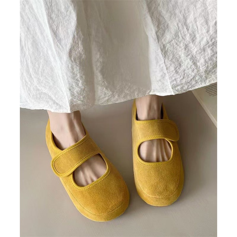 Casual Buckle Strap Splicing Platform Flats Shoes Yellow Suede