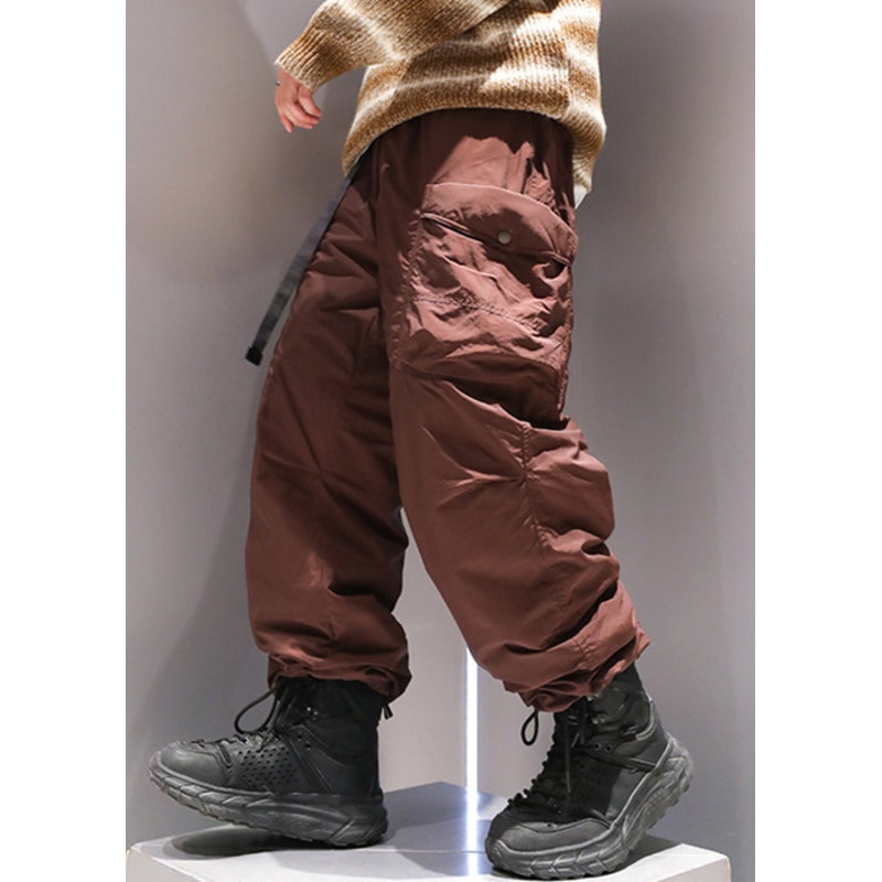Casual Coffee Pockets Elastic Waist Duck Down Men Pants Winter