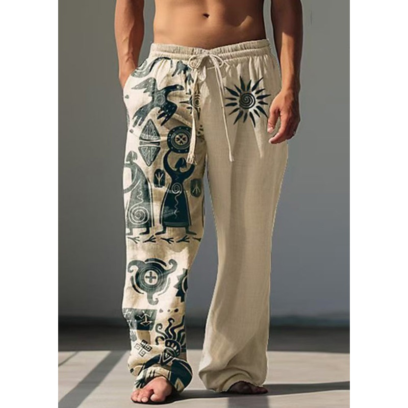Casual Khaki Asymmetrical Print Cotton Mens Pants Summer