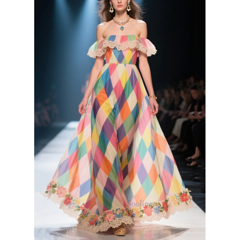 Casual Multicolour Plaid Exra Large Hem Chiffon Strapless Dress Summer