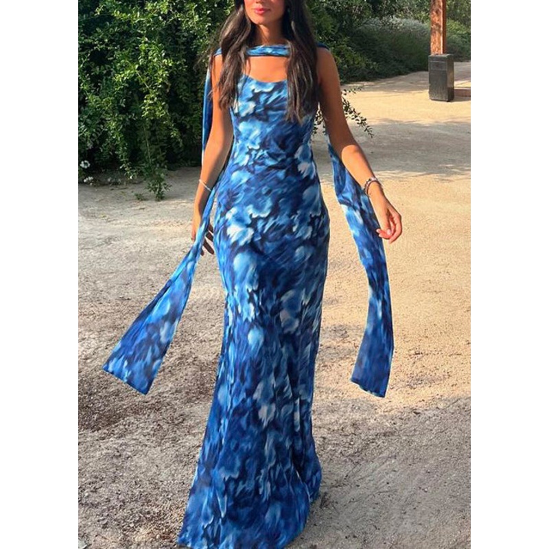 Chic Blue Backless Print Tulle Spaghetti Strap Dress Summer