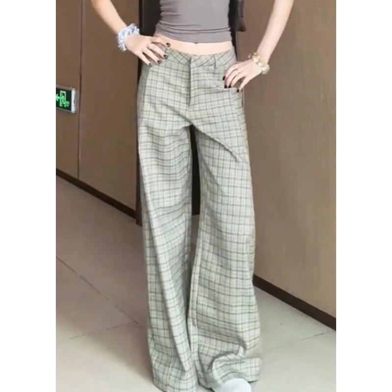 Chic Plaid High Waist Cotton Wide Leg Pants Fall