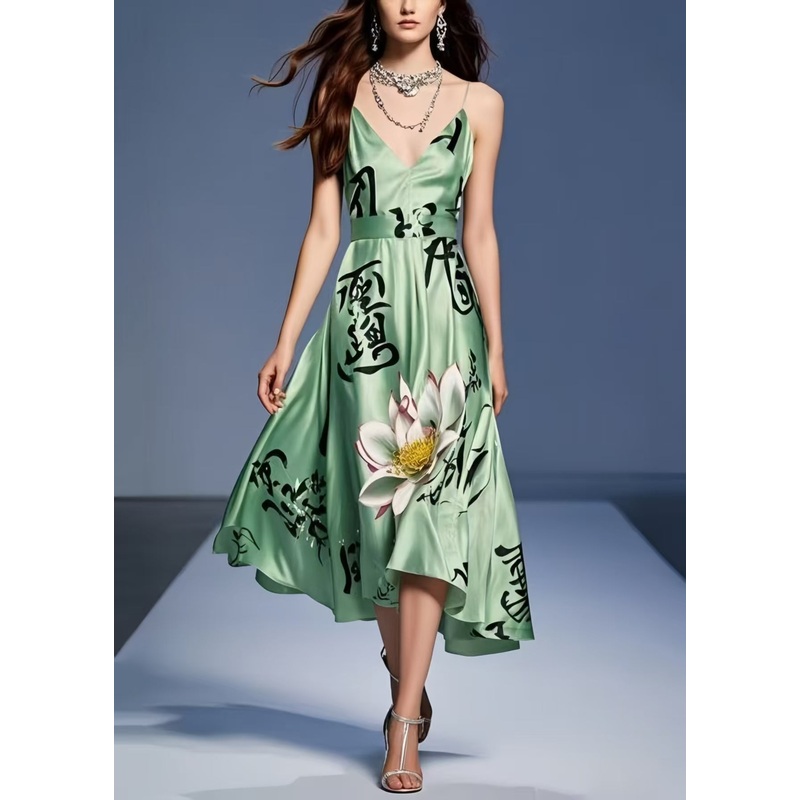 Chic Tea Green Print Silk Spaghetti Strap Dress Summer