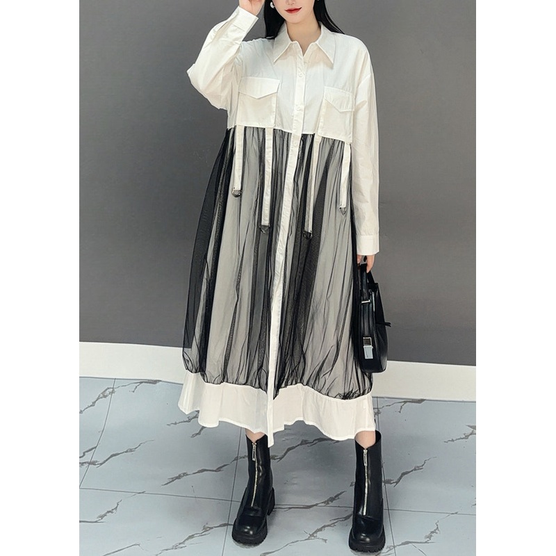 Chic White Peter Pan Collar Asymmetrical Patchwork Long Shirts Dress Spring