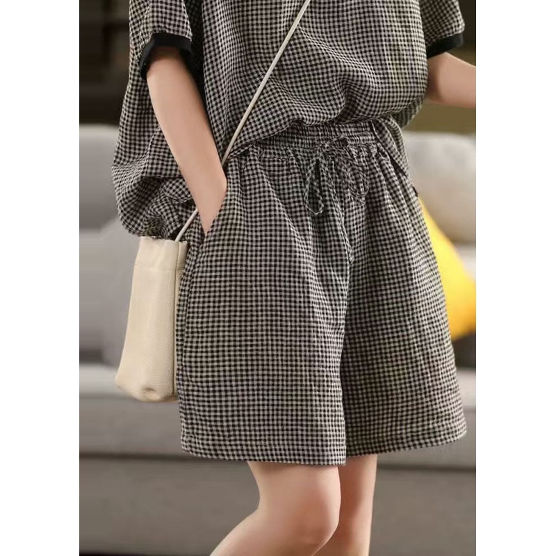 Classy Grey Oversized Plaid Linen Shorts Summer