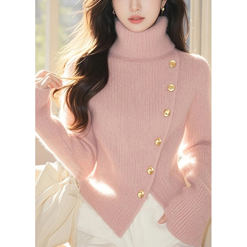 Cute Pink Turtleneck Cotton Knit Sweater Tops Spring