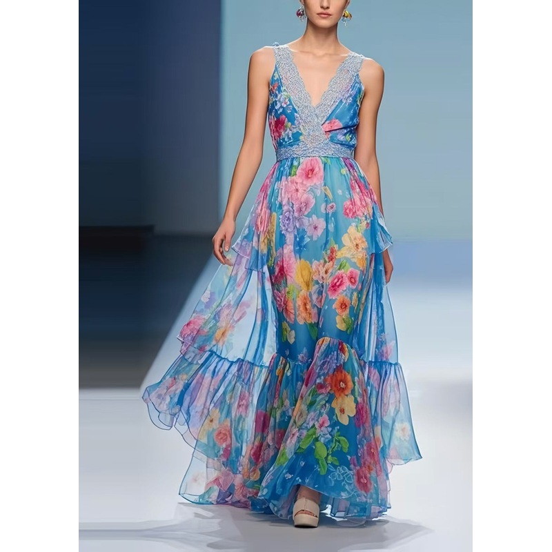 DIY Blue Print Exra Large Hem Chiffon Holiday Dresses Summer