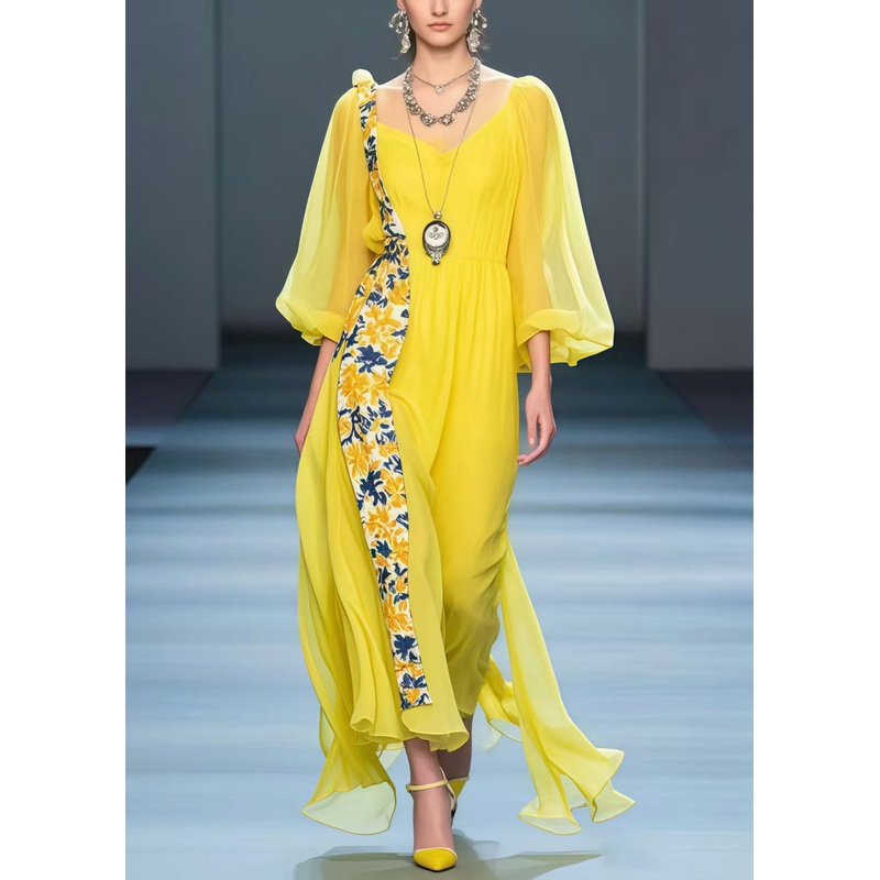DIY Yellow Asymmetrical Patchwork Chiffon Long Dresses Spring