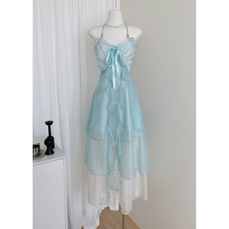 Elegant Blue V Neck Ruffled Lace Up Chiffon Long Dresses Sleeveless