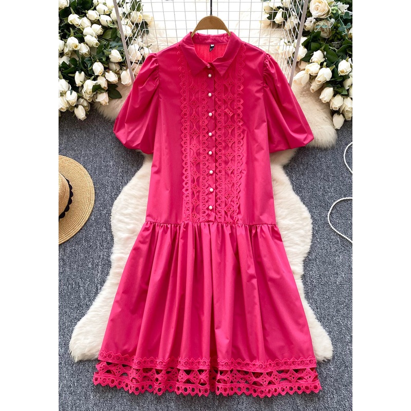 Elegant Rose Patchwork Lace Shirt Dress Lantern Sleeve