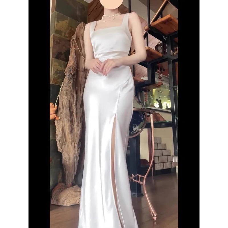 Elegant White Sheath Long Prom Dress Slit Wedding Dress J3663