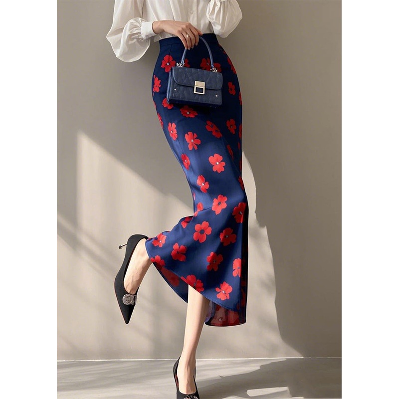 Fashion Blue Print High Waist Cotton Skirt Spring