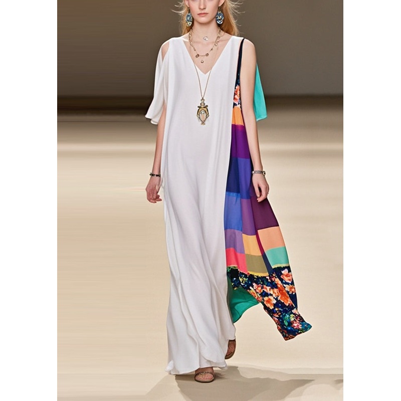 Fine White Asymmetrical Patchwork Cold Shoulder Chiffon Dress Summer
