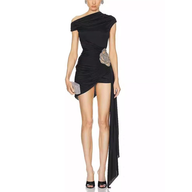 French Black Asymmetrical Zircon Solid Mid Dress Summer