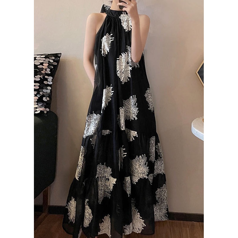 French Black Cold Shoulder Embroidered Cotton Robe Dresses Summer