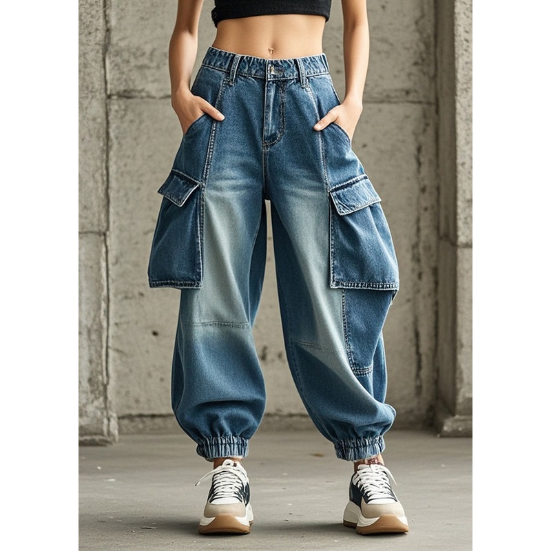 French Blue Oversized Pockets Denim Harem Pants Trousers Spring