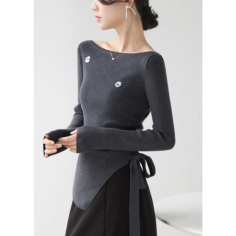 French Dark Grey Asymmetrical Sequins Floral Knit Sweater Winter