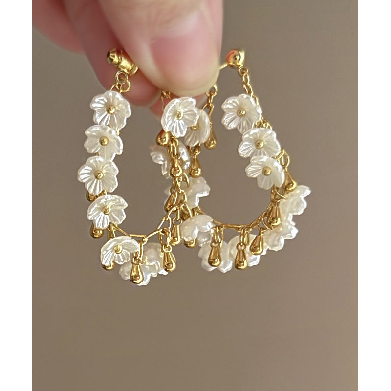 French Gold Copper Overgild Floral Tassel Hoop Earrings