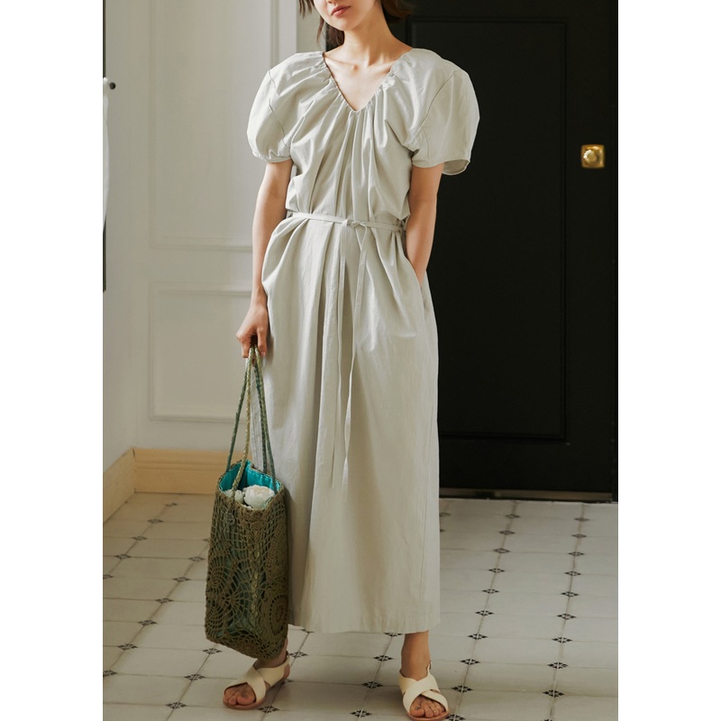 French Grey V Neck Puff Sleeve Cotton Long Dresses