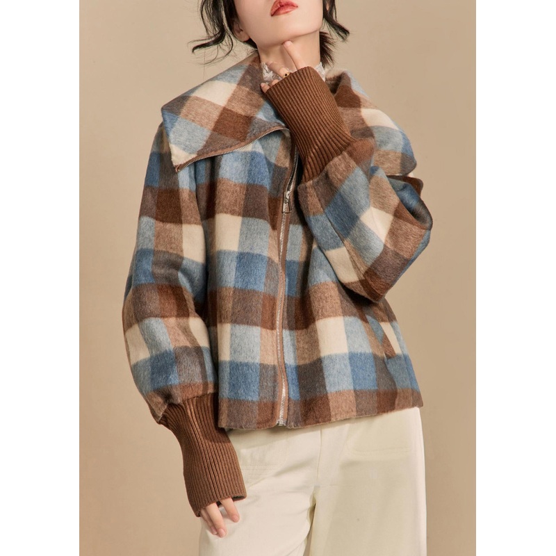 French Plaid Zip Up Patchwork Woolen Coats Winter