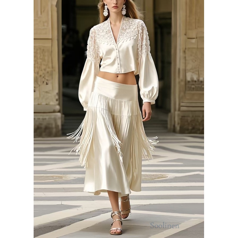 French White Tasseled Draping Silk Two Pieces Set Spring