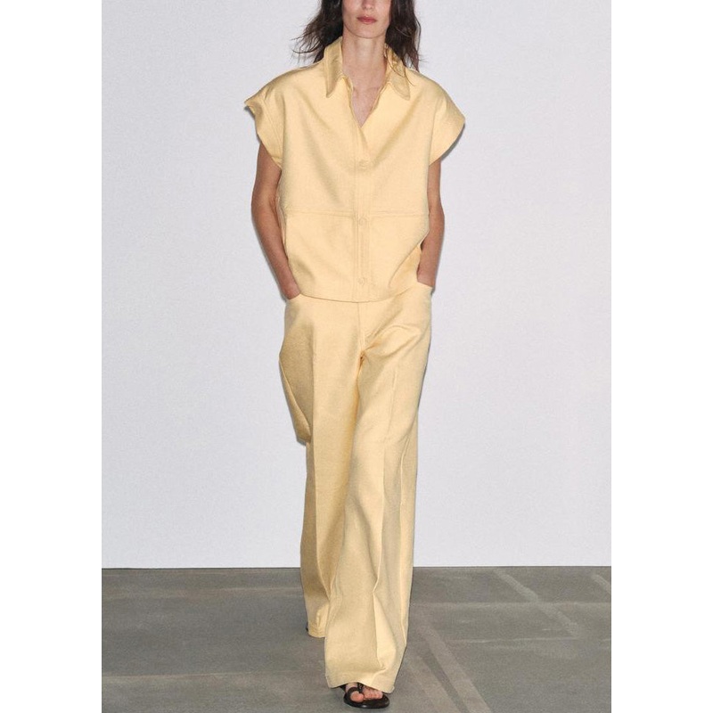 French Yellow Peter Pan Collar Tops And Pants Cotton Two Pieces Set Summer