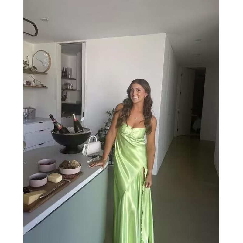 Green Satin A Line Long Prom Dress With Slit J2932