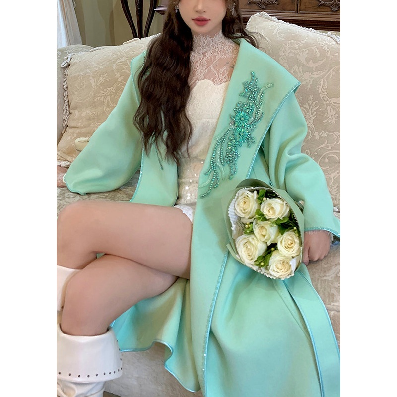 Handmade Green Zircon Tie Waist Woolen Coats Winter