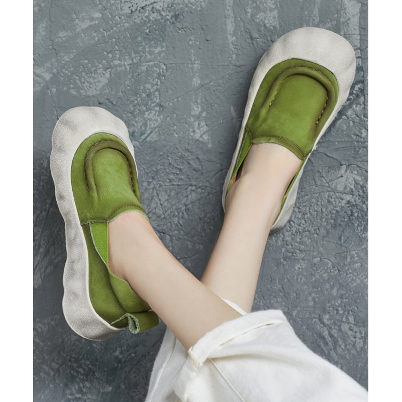 Handmade Splicing Platform Flat Feet Shoes Green Cowhide Leather