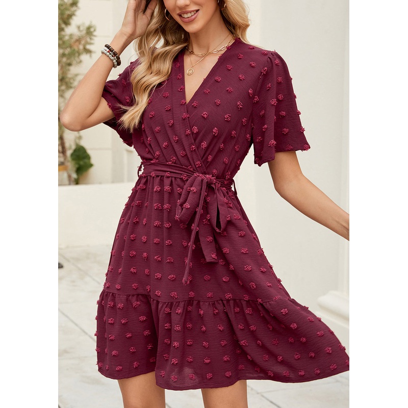 Italian Mulberry V Neck Jacquard Lace Up Cotton Dresses Summer