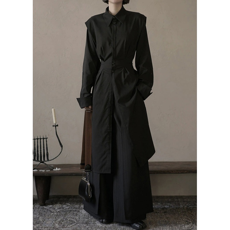 Loose Black Button Shirts And Wide Leg Pants Cotton Two Pieces Set Spring