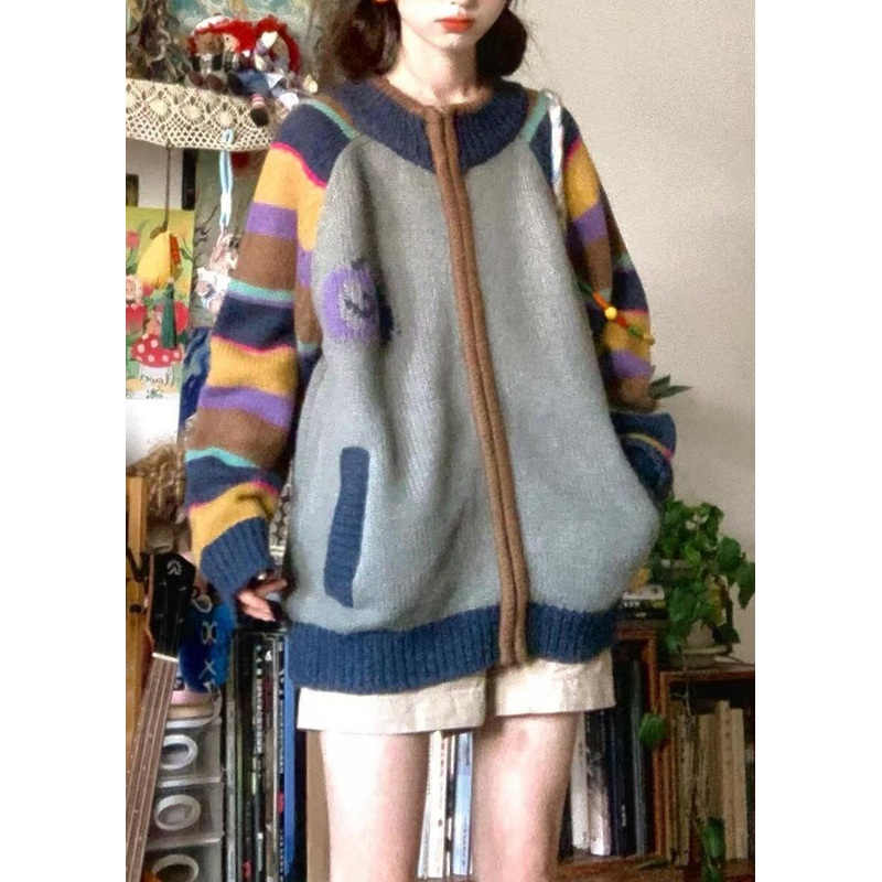 Loose Colorblock Zip Up Pockets Print Patchwork Knit Coat Spring