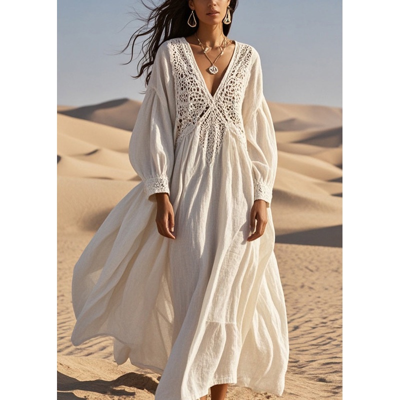 Loose White Lace Patchwork Cotton Holiday Dress Hollow Out Spring