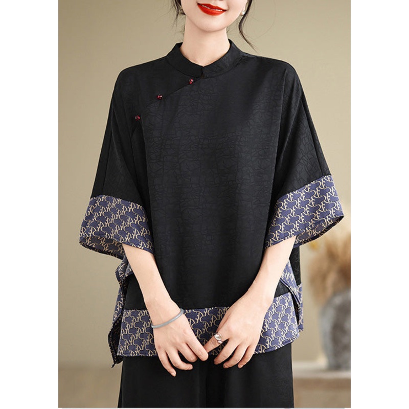 New Retro Blue Print Patchwork Silk Oriental Tops Summer