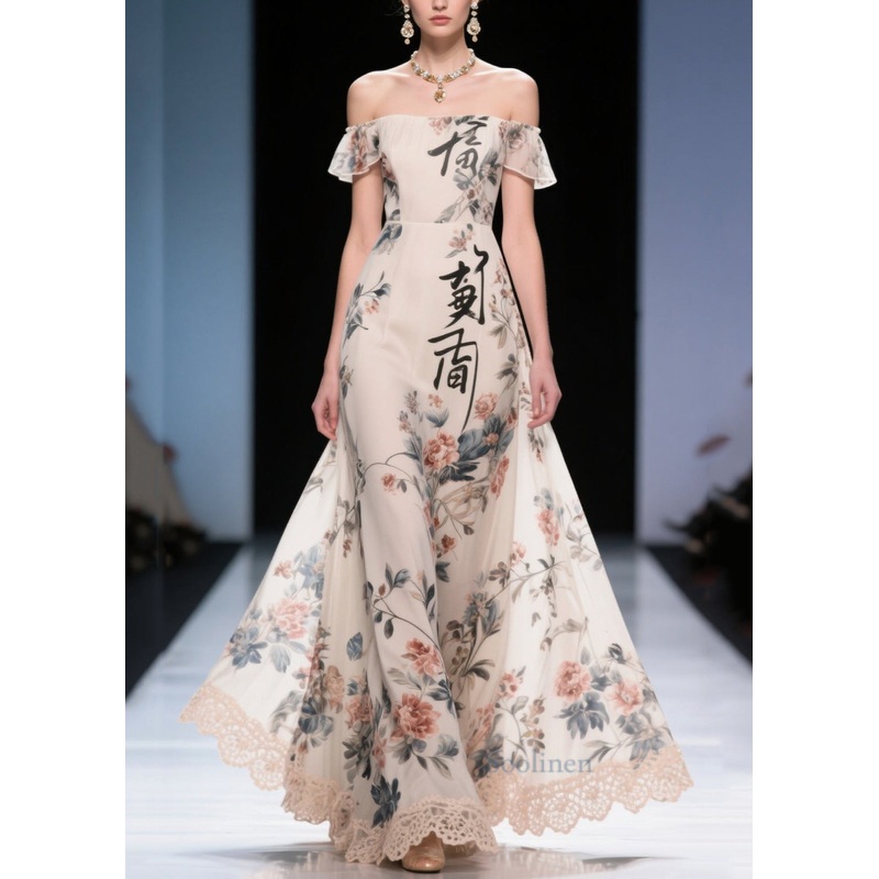 New Retro White Print Patchwork Lace Chiffon Strapless Dress Summer