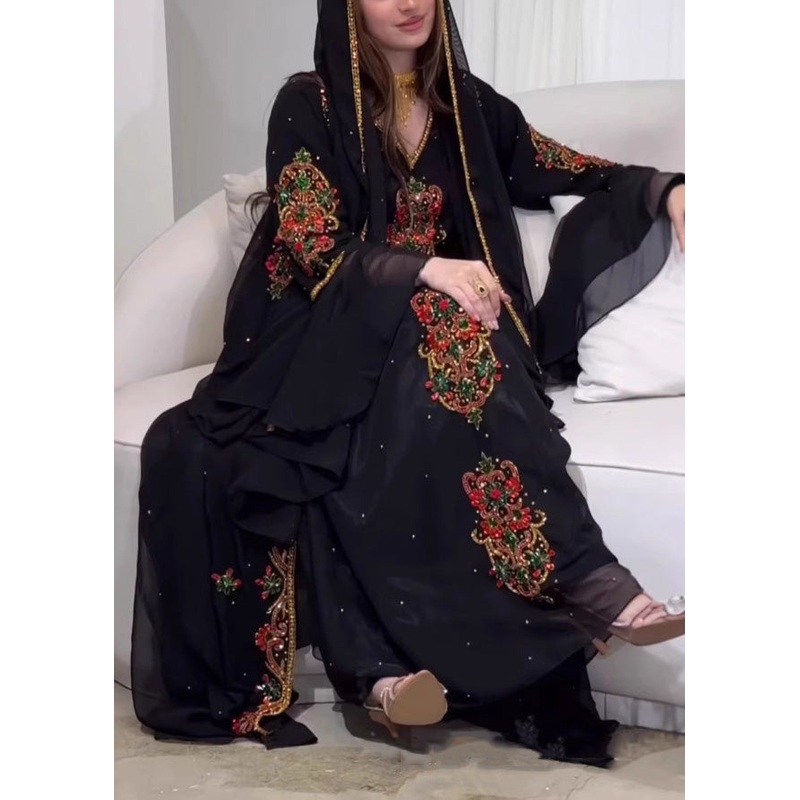 New Style Black Embroidered Robe Dress Two Pieces Set Summer