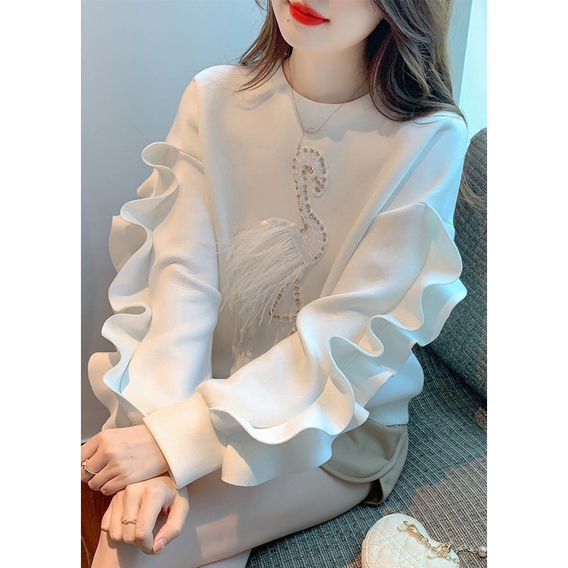 New White Ruffled Patchwork Cotton Sweatshirt Spring